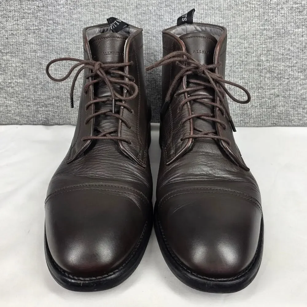 ALLSAINTS HARLAND MEN’S CAP‑TOE LEATHER LACE-UP COMBAT BOOTS – BLACK – SIZE 12
